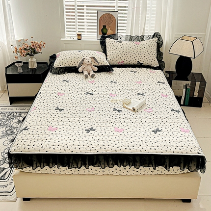 艾橙家纺2025新款法式赫本风水洗棉印花雪纺花边单床笠 朵蔓花馨