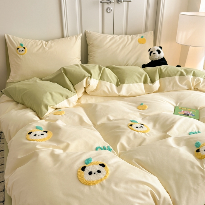 91家纺网 家纺一手货源 找家纺 锦觅2025新款奶油小清新毛巾绣全棉纯棉四件套（专版花型必须控价） 苹果熊猫