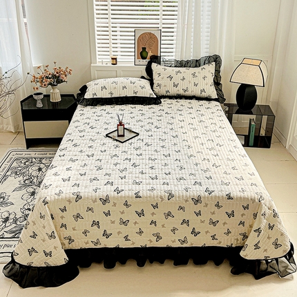 艾橙家纺2025新款法式赫本风水洗棉印花雪纺花边单床盖 蝴蝶印记