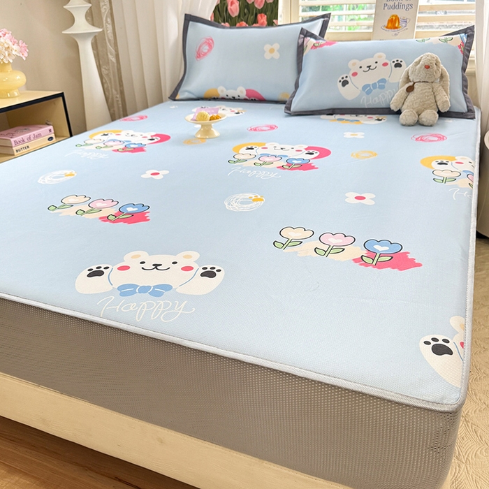 91家纺网 家纺一手货源 找家纺 518家纺 2025新款亲肤舒适A类碳光冰丝抗菌凉席【提供买家秀】席子【提供买家秀】-平铺款 花朵小熊