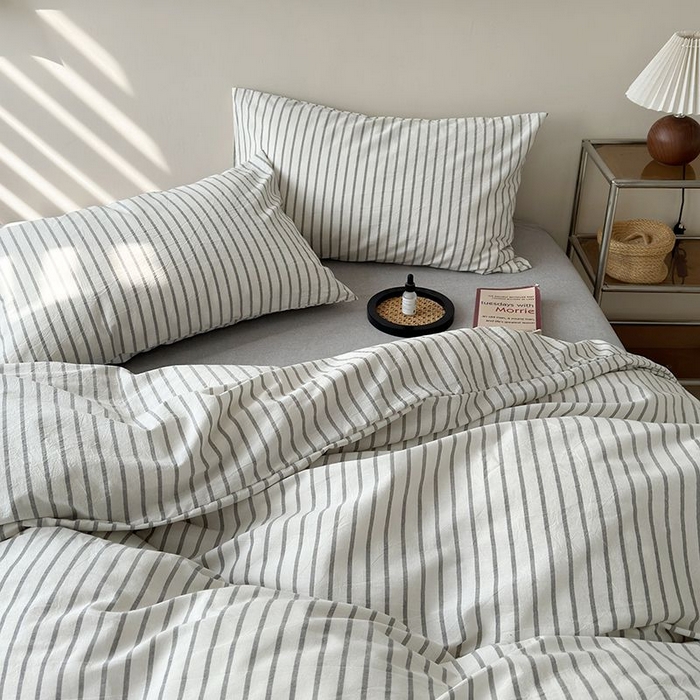 91家纺网 家纺一手货源 找家纺 水洗的故事 2025新款全棉色织水洗棉四件套 简序-灰