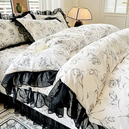 艾橙 2025新款法式赫本风水洗棉印花雪纺花边单被套 水墨玫瑰