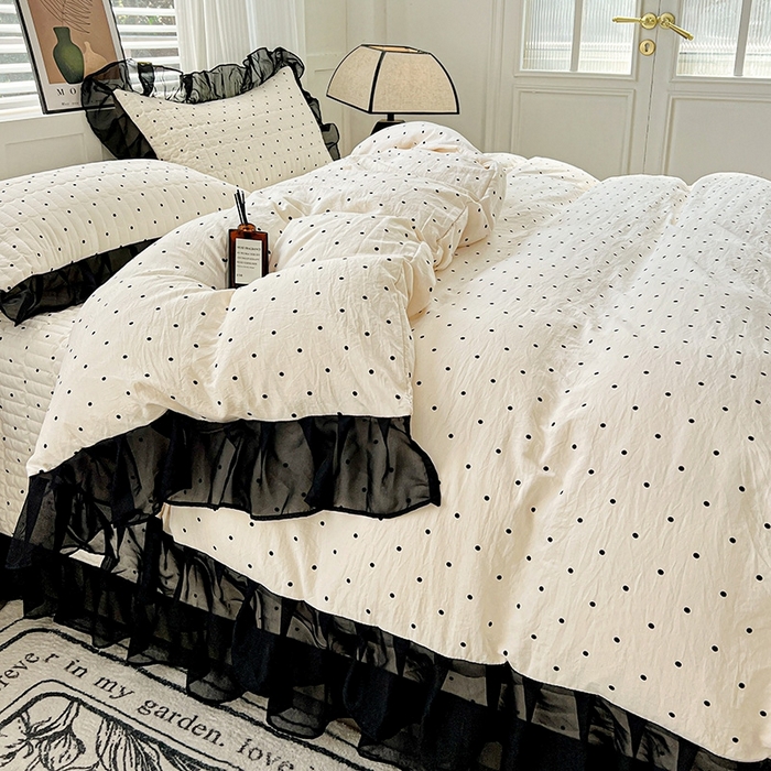 91家纺网 家纺一手货源 找家纺 艾橙 2025新款法式赫本风水洗棉印花雪纺花边单被套 点点爱