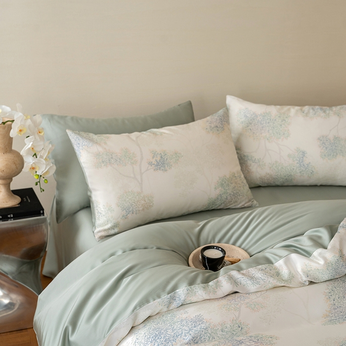 91家纺网 家纺一手货源 找家纺 咏绒家纺工厂店 2025新款60S奥地利兰精天丝数码印花暗合简约款系列四件套 如愿-绿