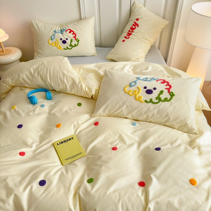 91家纺网 家纺一手货源 找家纺 锦觅2025新款奶油小清新毛巾绣全棉纯棉四件套（专版花型必须控价） 彩虹波点