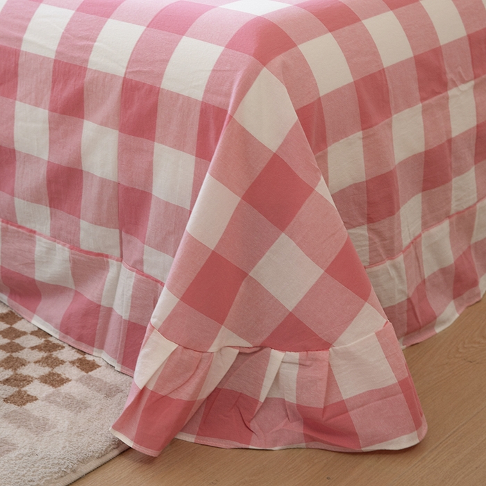 91家纺网 家纺一手货源 找家纺 木易家居 2025新款全棉色织水洗棉四件套 桃红中格