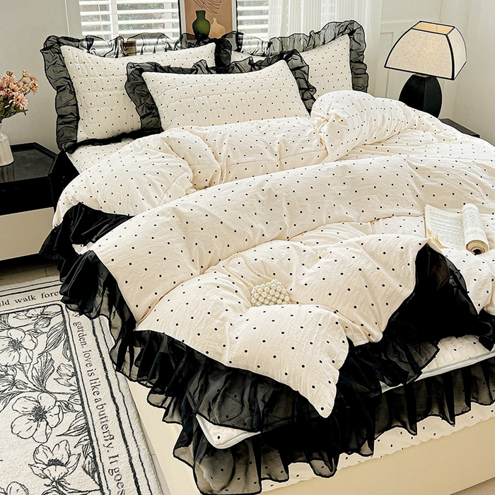 91家纺网 家纺一手货源 找家纺 艾橙家纺2025新款法式赫本风水洗棉印花雪纺花边单床笠 点点爱