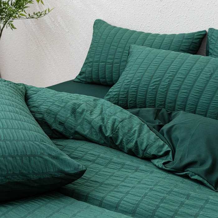 91家纺网 家纺一手货源 找家纺 恩和家纺 2025新款条纹立体泡泡纱亲肤棉四件套 墨绿