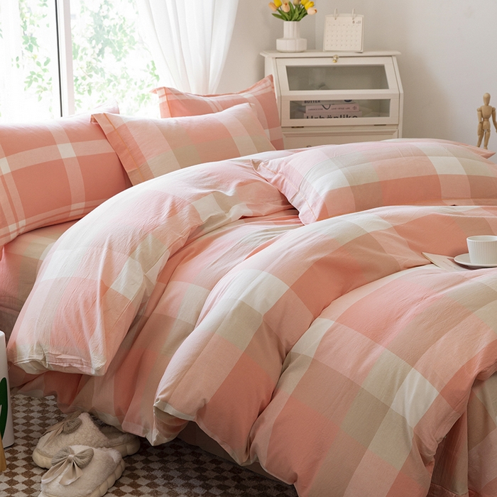 91家纺网 家纺一手货源 找家纺 木易家居 2025新款全棉色织水洗棉四件套 米夕玉大格