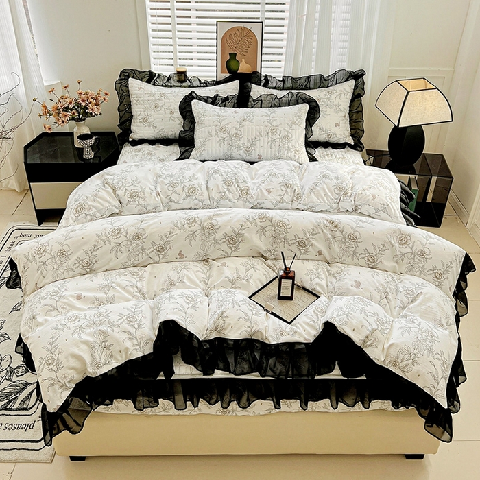 91家纺网 家纺一手货源 找家纺 艾橙家纺2025新款法式赫本风水洗棉印花雪纺花边单床笠 素馨花恋