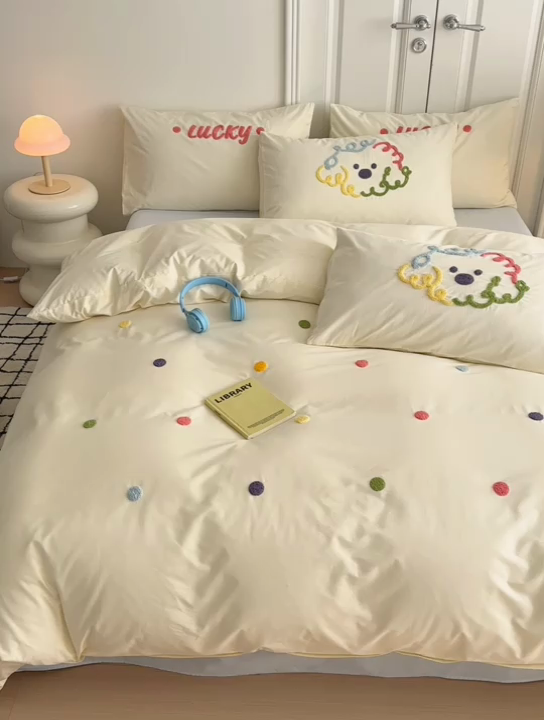 91家纺网 家纺一手货源 找家纺 锦觅2025新款奶油小清新毛巾绣全棉纯棉四件套（专版花型必须控价） 彩虹波点