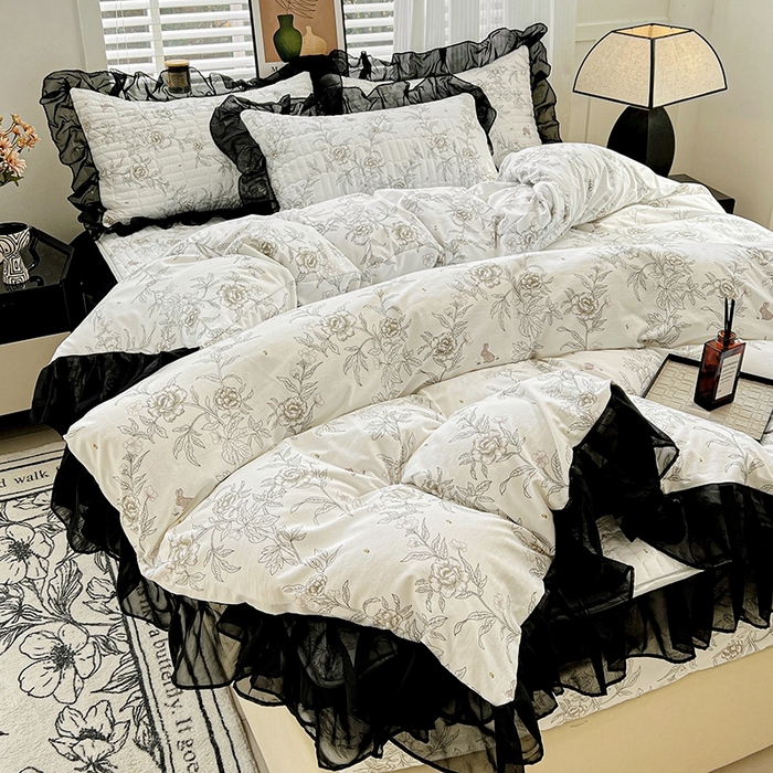 91家纺网 家纺一手货源 找家纺 艾橙家纺2025新款法式赫本风水洗棉印花雪纺花边单床笠 素馨花恋