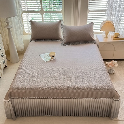 优家居 2025新款A类轻奢PE真凉感冰丝席床裙夏季冰豆豆凉席三件套可机洗水洗空调软席 PE-椰树金 