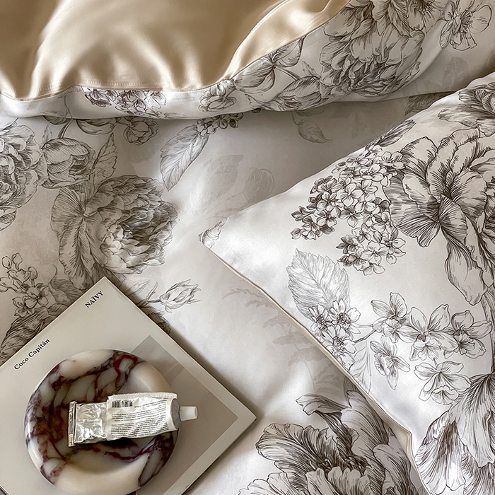 91家纺网 家纺一手货源 找家纺 咏绒家纺工厂店 2025新款60S奥地利兰精天丝数码印花暗合简约款系列四件套 沁香-咖