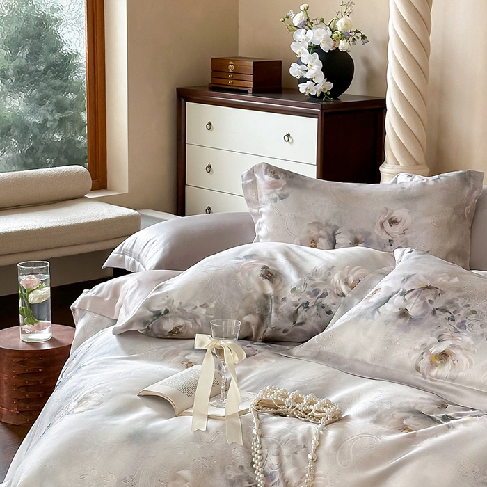 91家纺网 家纺一手货源 找家纺 2025新款60S奥地利兰精天丝数码印花宽边压线系列四件套 奥菲娜-灰