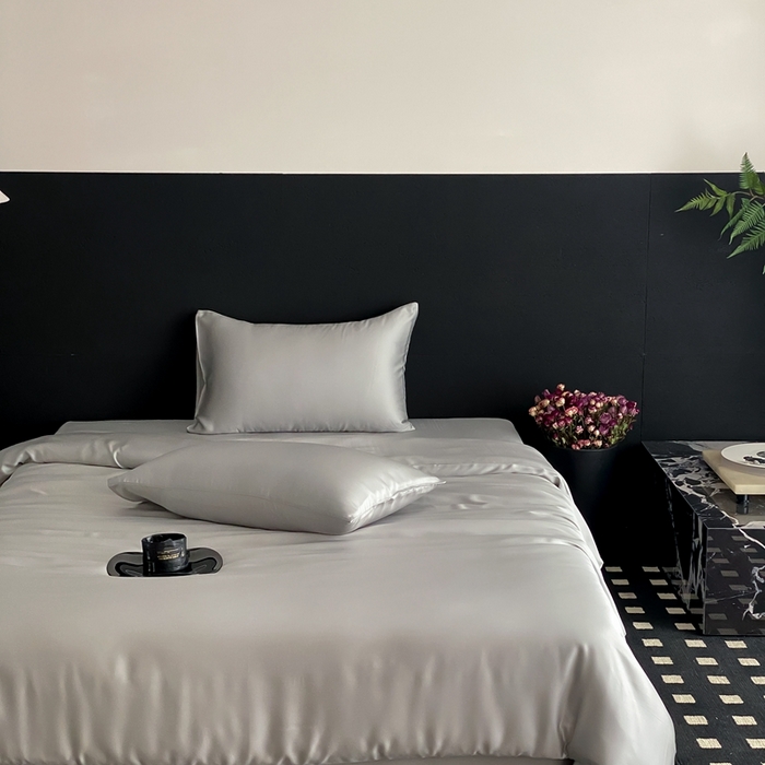 91家纺网 家纺一手货源 找家纺 禾时 2025新款60支兰精天丝轻奢纯色双拼四件套 云纱灰