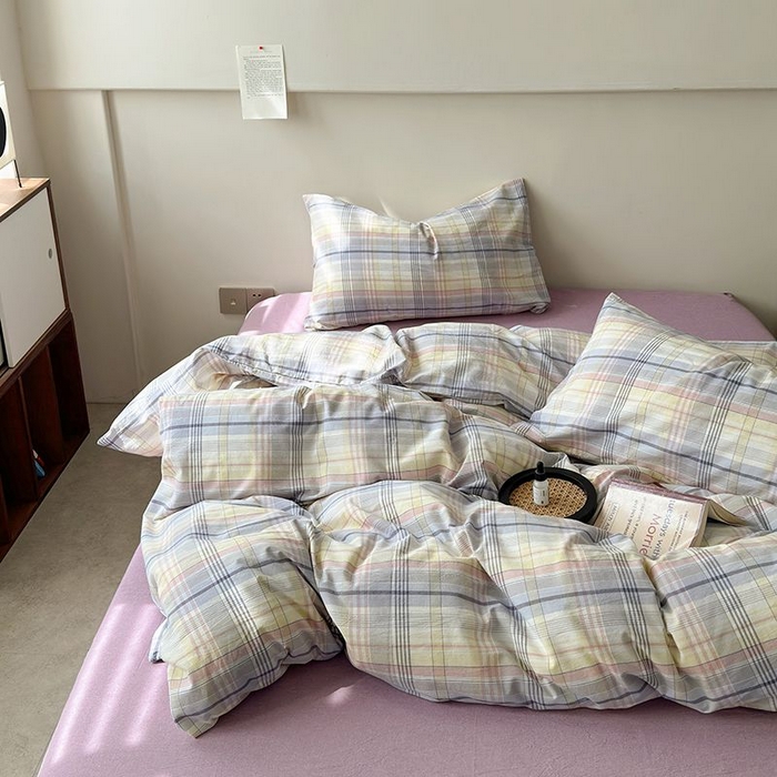 91家纺网 家纺一手货源 找家纺 水洗的故事 2025新款全棉色织水洗棉四件套 紫韵粉格