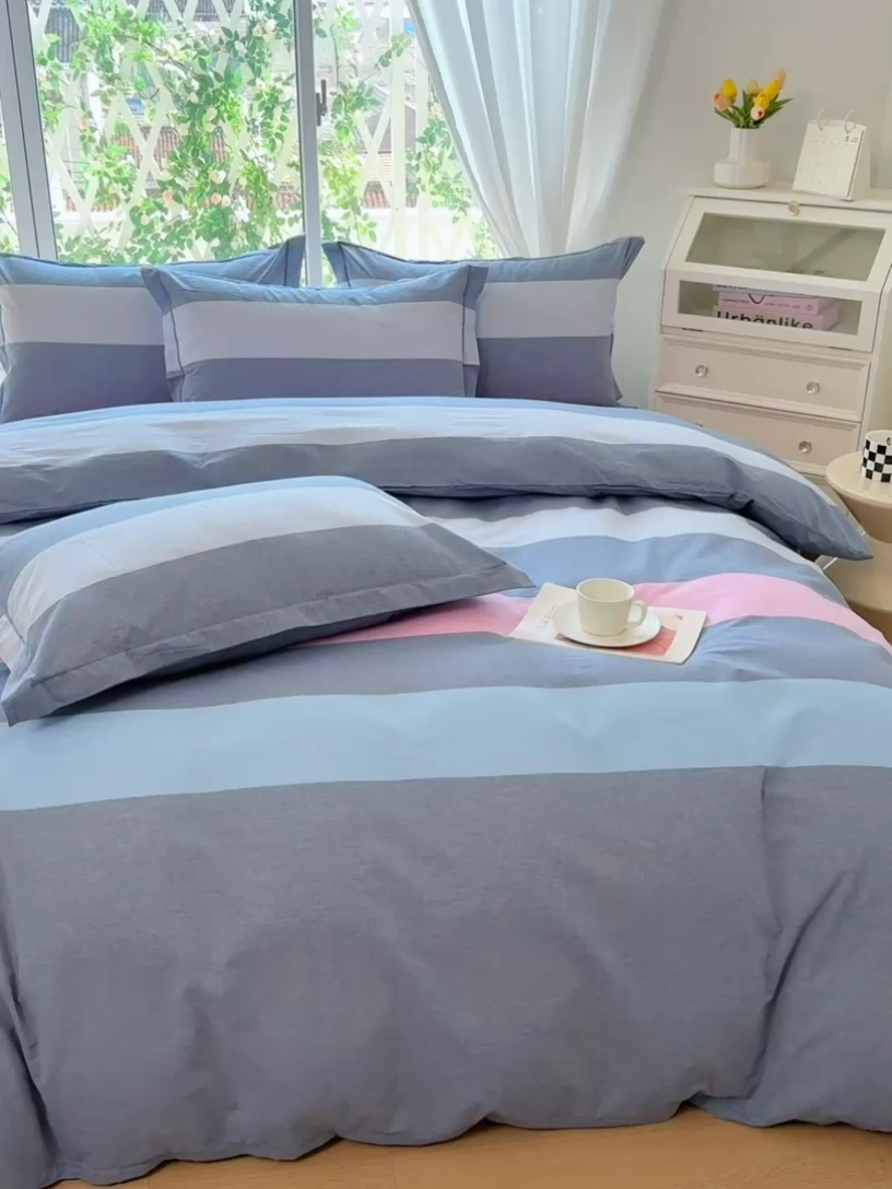 91家纺网 家纺一手货源 找家纺 木易家居 2025新款全棉色织水洗棉四件套 海伦