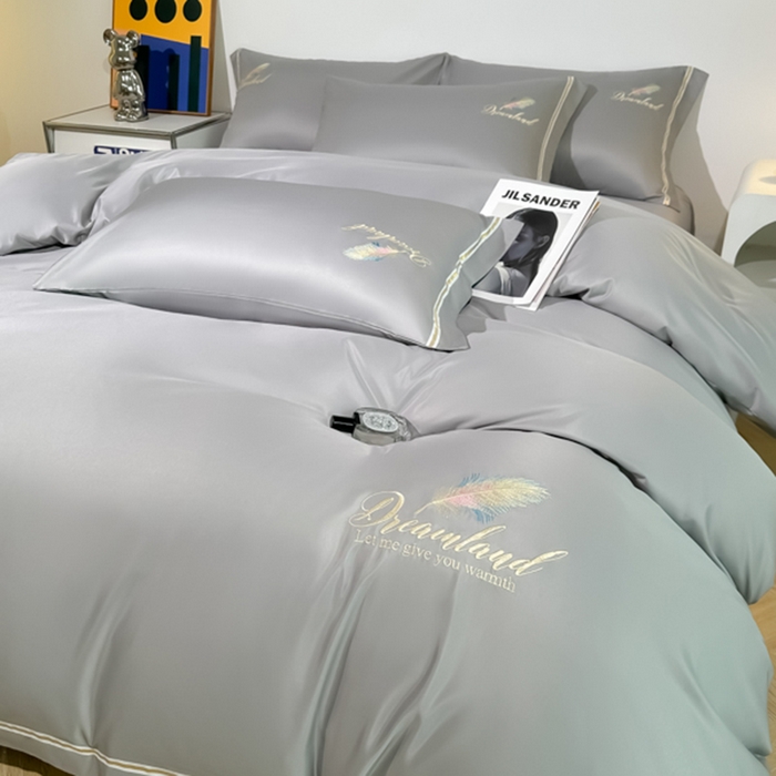 91家纺网 家纺一手货源 找家纺 （总）2025新款水洗冰丝刺绣四件套羽毛系列轻奢时尚北欧风床上用品学生宿舍三四件套