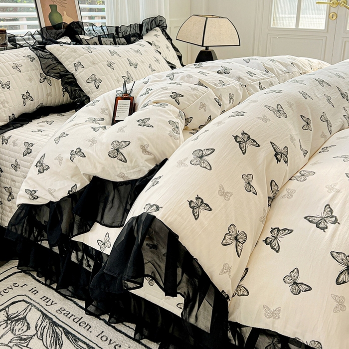 91家纺网 家纺一手货源 找家纺 （总）艾橙 2025新款法式赫本风水洗棉印花雪纺花边单被套