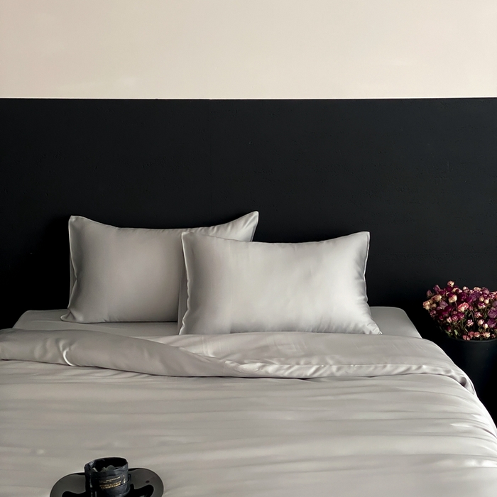 91家纺网 家纺一手货源 找家纺 禾时 2025新款60支兰精天丝轻奢纯色双拼四件套 云纱灰