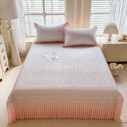 优家居 2025新款A类轻奢PE真凉感冰丝席床裙夏季冰豆豆凉席三件套可机洗水洗空调软席 PE-烟花粉