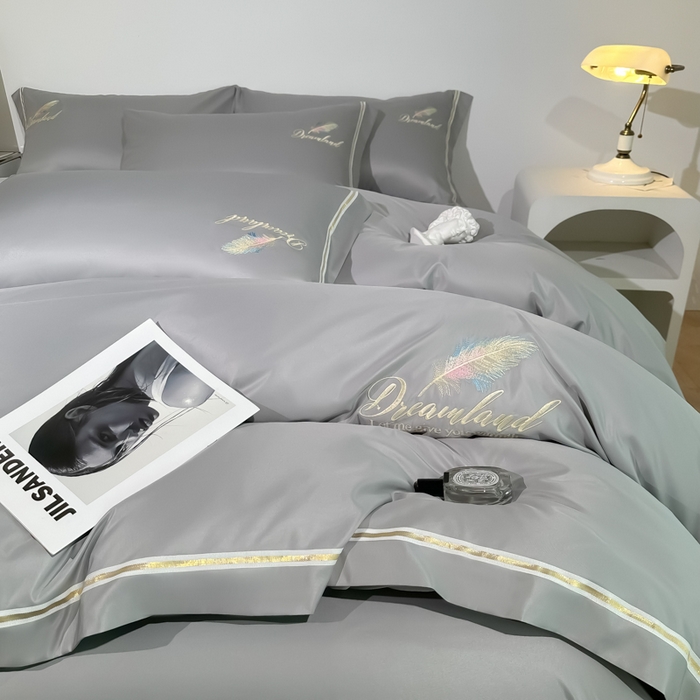 91家纺网 家纺一手货源 找家纺 （总）2025新款水洗冰丝刺绣四件套羽毛系列轻奢时尚北欧风床上用品学生宿舍三四件套