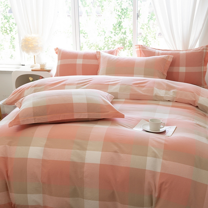 91家纺网 家纺一手货源 找家纺 木易家居 2025新款全棉色织水洗棉四件套 米夕玉大格