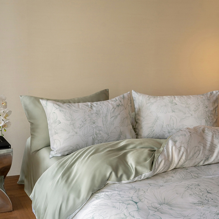 91家纺网 家纺一手货源 找家纺 咏绒家纺工厂店 2025新款60S奥地利兰精天丝数码印花暗合简约款系列四件套 叶影-绿