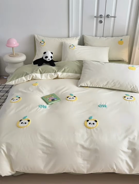 91家纺网 家纺一手货源 找家纺 锦觅2025新款奶油小清新毛巾绣全棉纯棉四件套（专版花型必须控价） 苹果熊猫