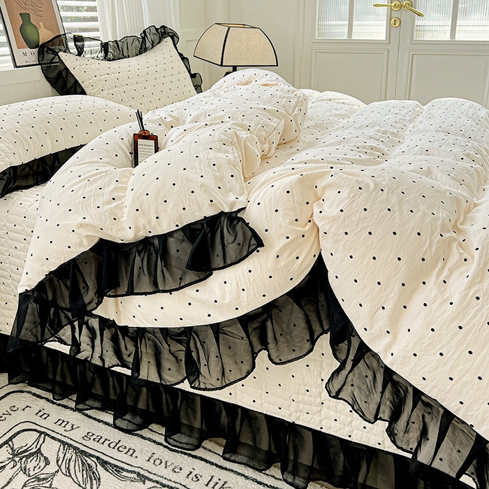 91家纺网 家纺一手货源 找家纺 艾橙 2025新款法式赫本风水洗棉印花雪纺花边单被套 点点爱