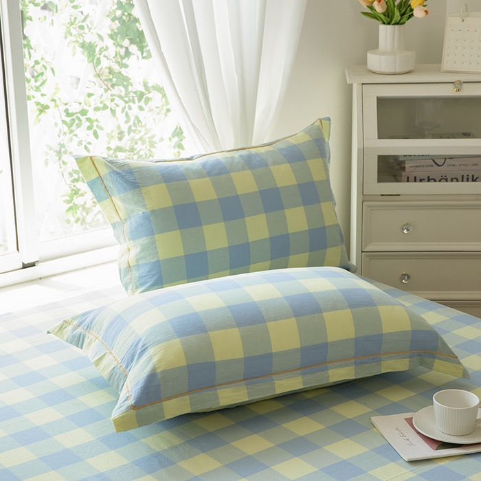 91家纺网 家纺一手货源 找家纺 木易家居 2025新款全棉色织水洗棉四件套 兰黄大格