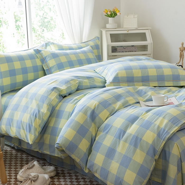 91家纺网 家纺一手货源 找家纺 木易家居 2025新款全棉色织水洗棉四件套 兰黄大格