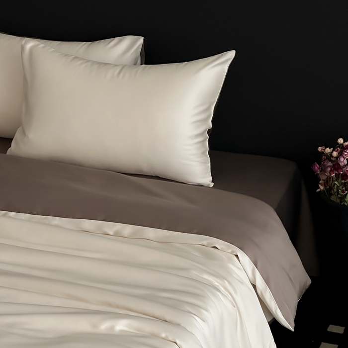 91家纺网 家纺一手货源 找家纺  禾时 2025新款60支兰精天丝轻奢纯色双拼四件套 乳蛋白-冷岩灰