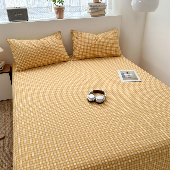 91家纺网 家纺一手货源 找家纺 2025新款水洗棉单床单 简约格黄