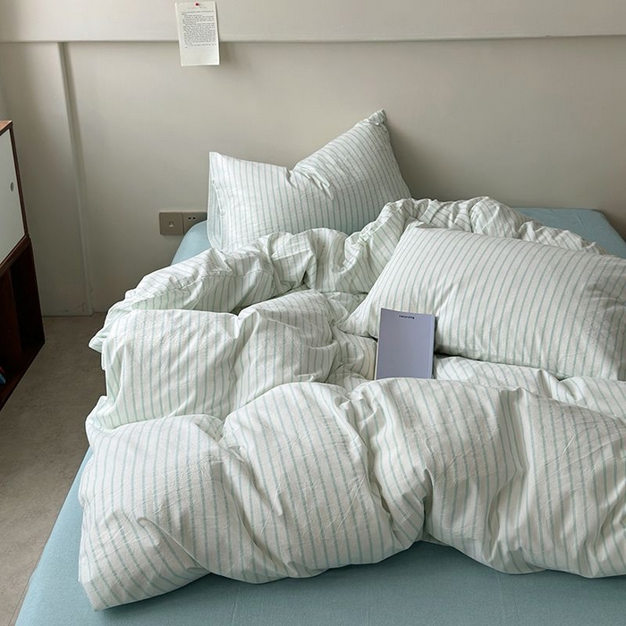 91家纺网 家纺一手货源 找家纺 水洗的故事 2025新款全棉色织水洗棉四件套 简序-蓝