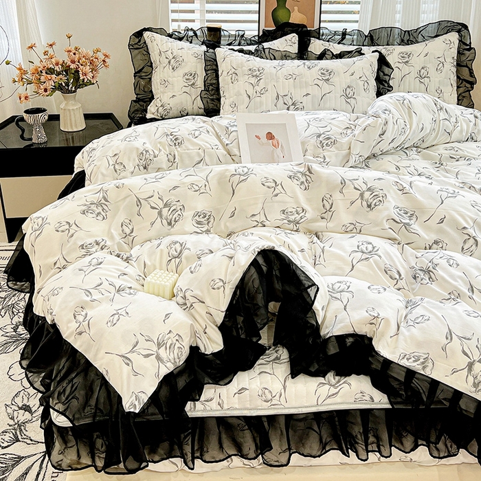 91家纺网 家纺一手货源 找家纺 艾橙家纺2025新款法式赫本风水洗棉印花雪纺花边单床笠 水墨玫瑰