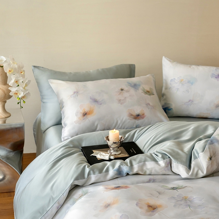 91家纺网 家纺一手货源 找家纺 咏绒家纺工厂店 2025新款60S奥地利兰精天丝数码印花暗合简约款系列四件套 夏芷-淡蓝