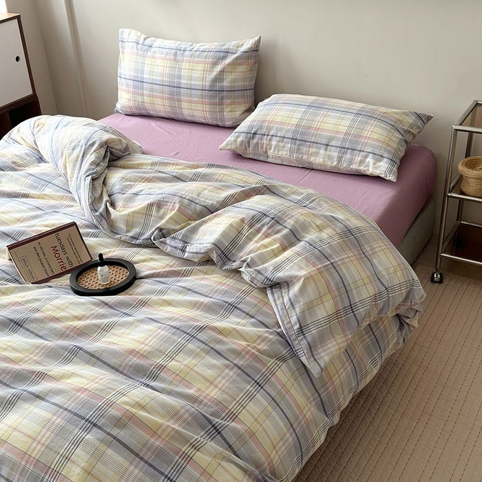 91家纺网 家纺一手货源 找家纺 水洗的故事 2025新款全棉色织水洗棉四件套 紫韵粉格