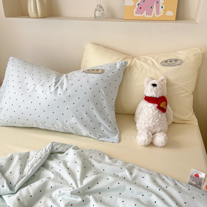 91家纺网 家纺一手货源 找家纺 桃心家居 2025新款A类ins云柔水洗棉大豆织标蝴蝶结毛球少女单夏被夏被四件套系列 薄荷布丁