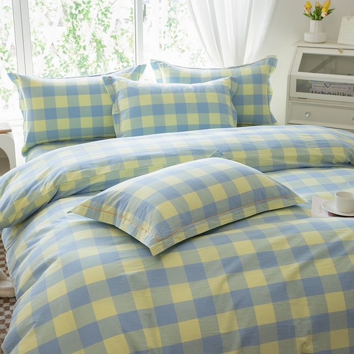 91家纺网 家纺一手货源 找家纺 木易家居 2025新款全棉色织水洗棉四件套 兰黄大格