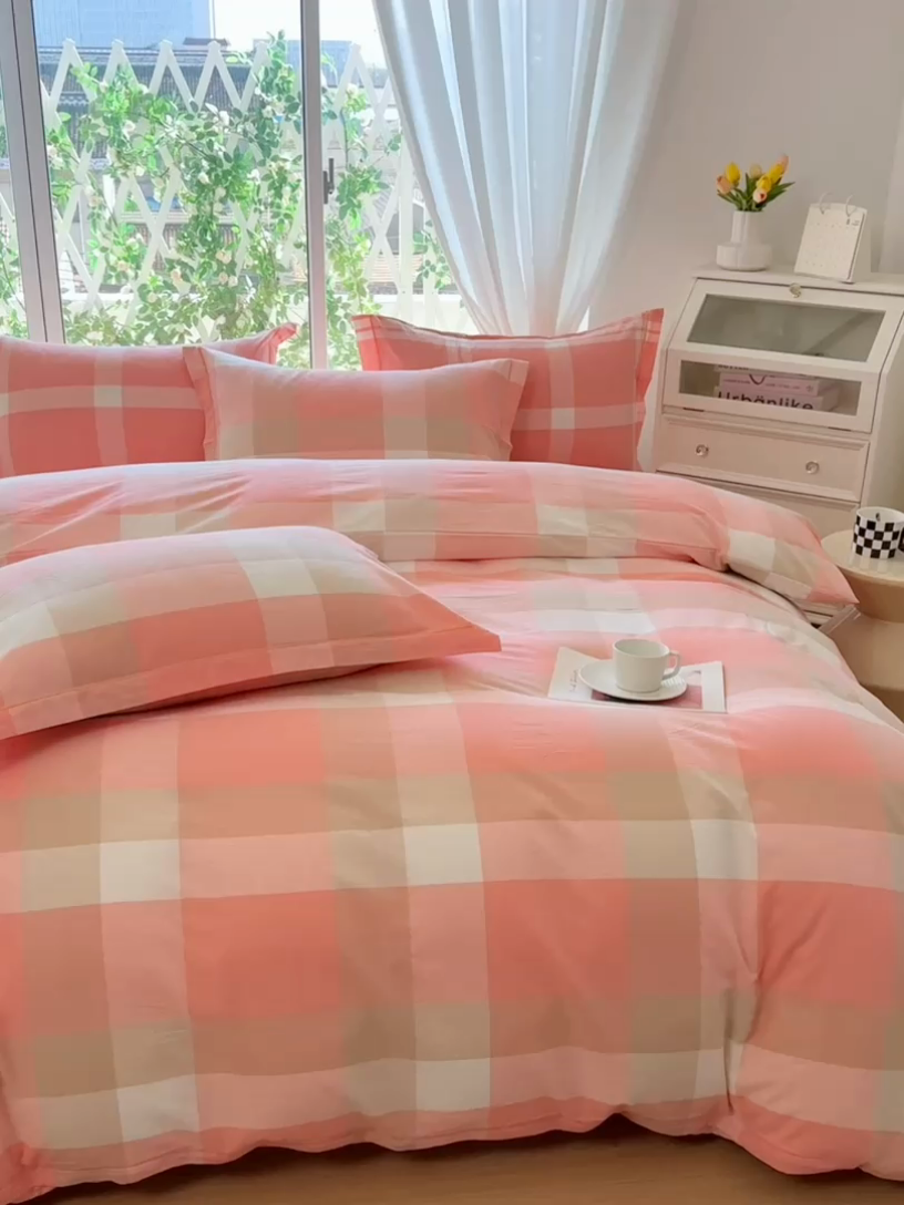 91家纺网 家纺一手货源 找家纺 木易家居 2025新款全棉色织水洗棉四件套 米夕玉大格