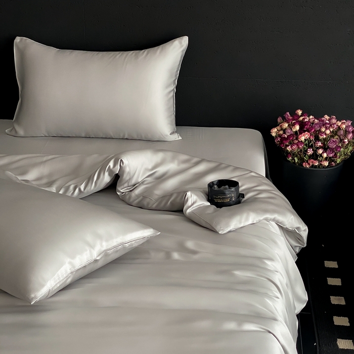 91家纺网 家纺一手货源 找家纺 禾时 2025新款60支兰精天丝轻奢纯色双拼四件套 云纱灰