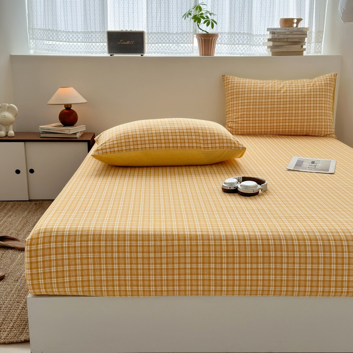 91家纺网 家纺一手货源 找家纺 2025新款水洗棉单床单 简约格黄