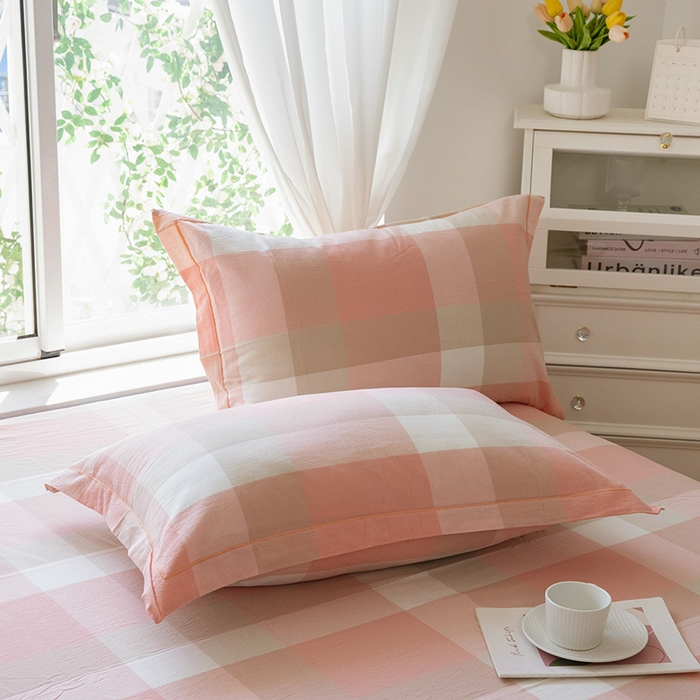 91家纺网 家纺一手货源 找家纺 木易家居 2025新款全棉色织水洗棉四件套 米夕玉大格