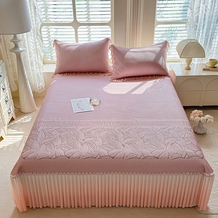 优家居 2025新款A类轻奢PE真凉感冰丝席床裙夏季冰豆豆凉席三件套可机洗水洗空调软席 PE-椰树粉