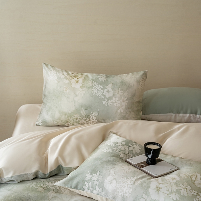 91家纺网 家纺一手货源 找家纺 咏绒家纺工厂店 2025新款60S奥地利兰精天丝数码印花暗合简约款系列四件套 知槿-绿