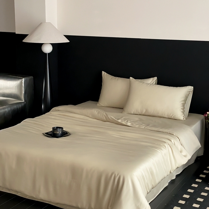 91家纺网 家纺一手货源 找家纺 禾时 2025新款60支兰精天丝轻奢纯色双拼四件套 烟轻绿