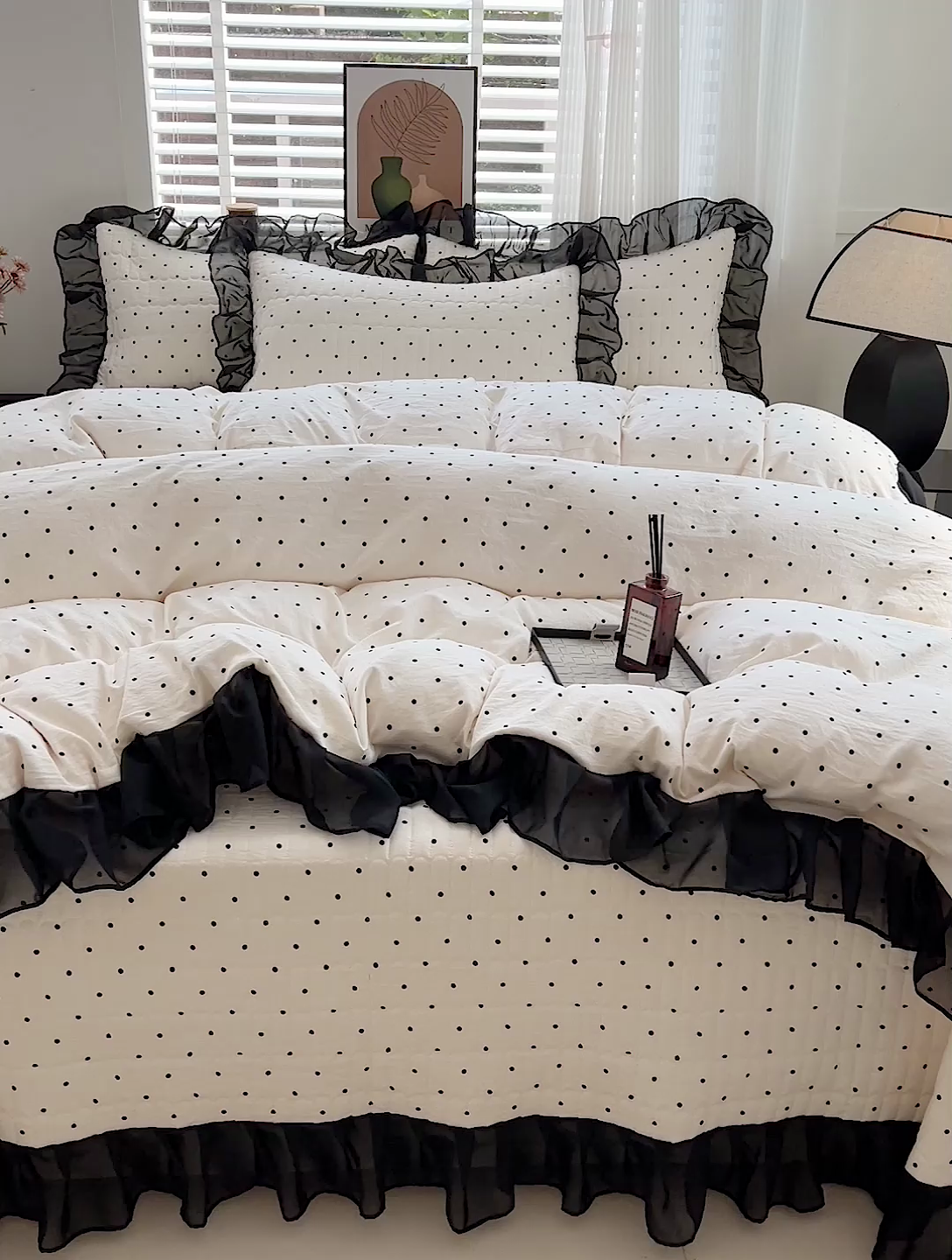 91家纺网 家纺一手货源 找家纺 艾橙 2025新款法式赫本风水洗棉印花雪纺花边单被套 点点爱