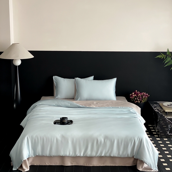 91家纺网 家纺一手货源 找家纺  禾时 2025新款60支兰精天丝轻奢纯色双拼四件套 映霜蓝-霜华银